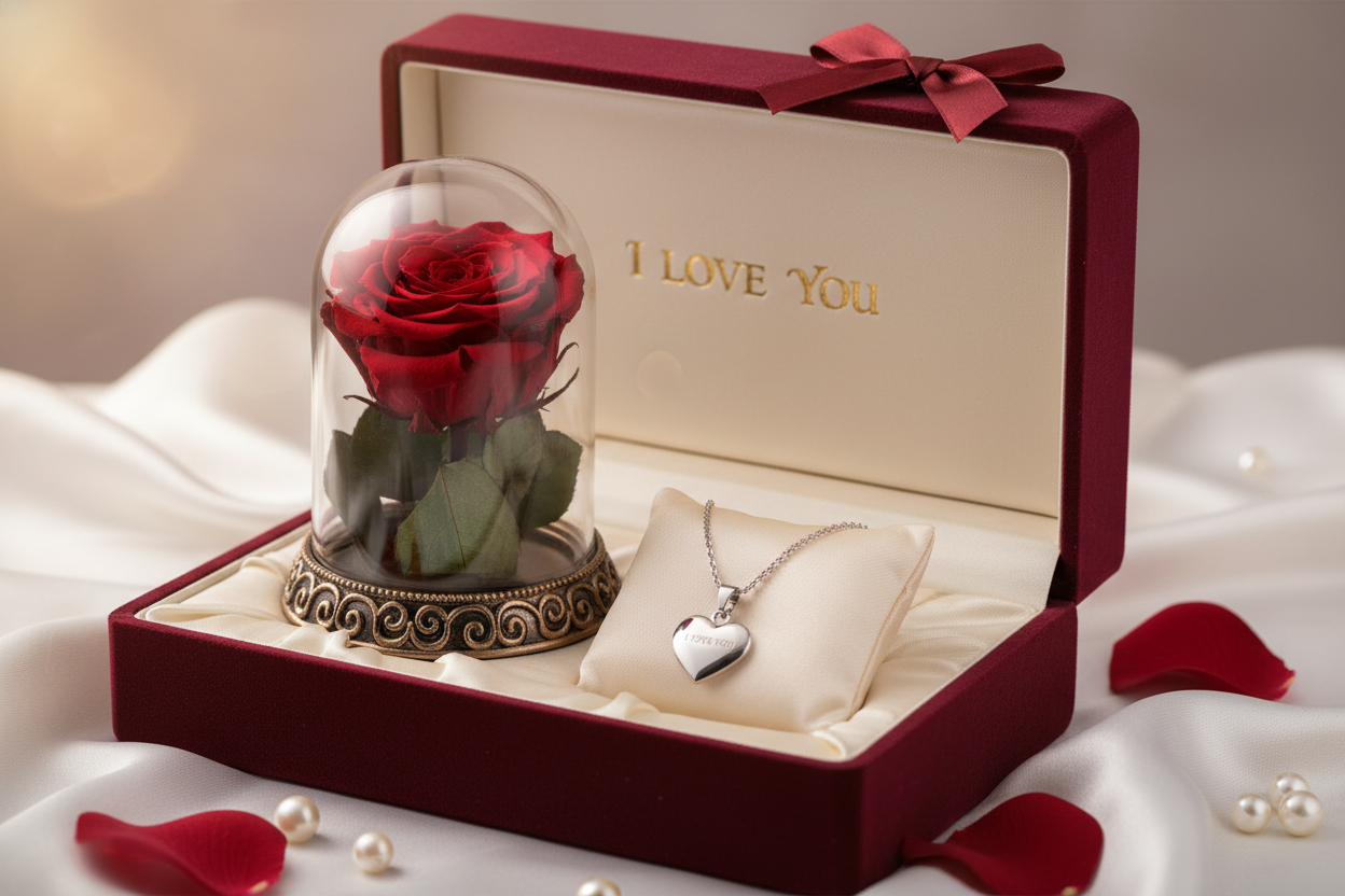 Preserved Real Rose Gift Box Enchanted Real Rose with I Love You Necklace 100 